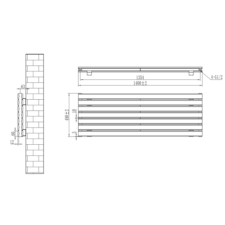 Riace Dark Grey Anthracite Flat Designer Radiator 490x1400mm Double Panel 3908 BTU