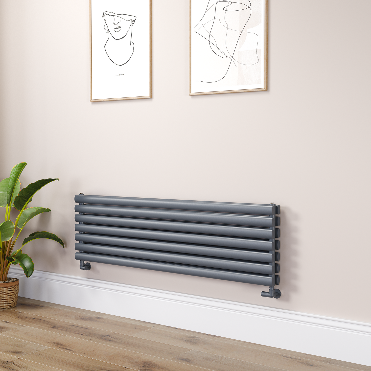 Dark Grey Anthracite Oval Designer Radiator 413x1400mm Double Panel 3509 BTU