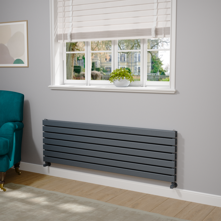 Riace Dark Grey Anthracite Flat Designer Radiator 490x1600mm Double Panel 4392 BTU