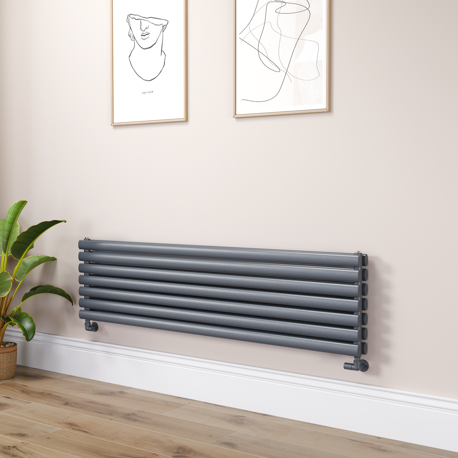 Dark Grey Anthracite Oval Designer Radiator 413x1600mm Double Panel 3973 BTU