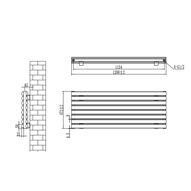 Sorrento Dark Grey Anthracite Oval Designer Radiator 472x1200mm Double Panel 3485 BTU