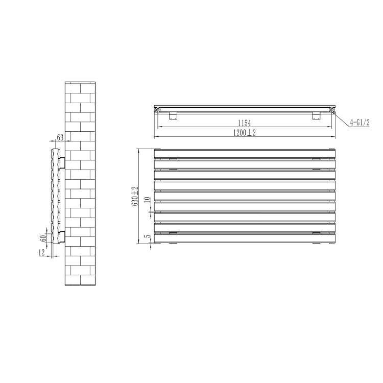 Riace White Flat Designer Radiator 630x1200mm Double Panel 4386 BTU