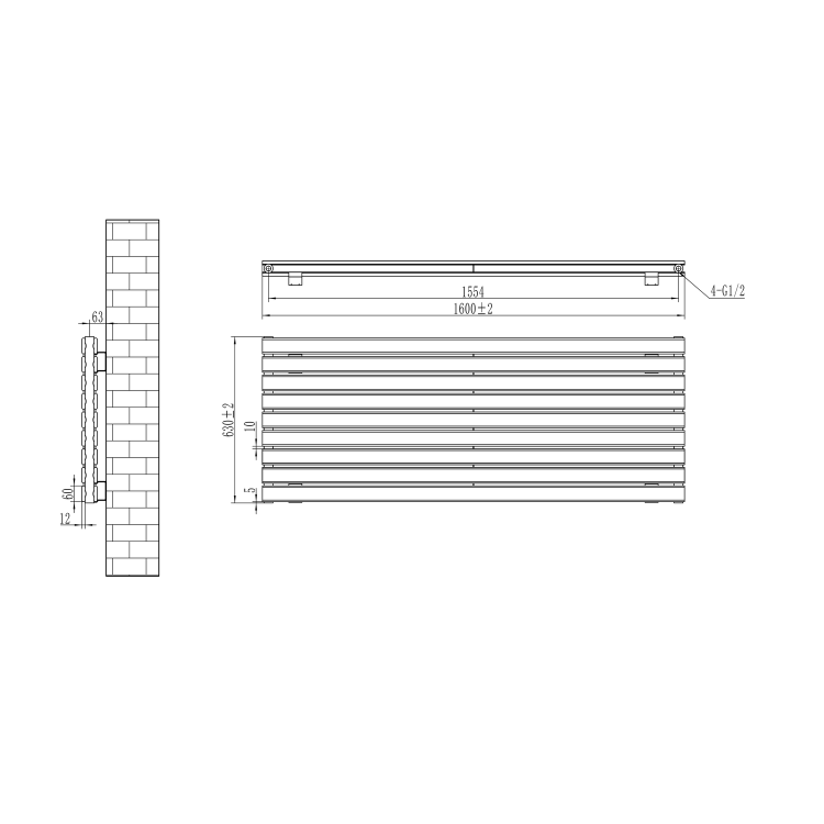 Riace Midnight Black Flat Designer Radiator 630x1600mm Double Panel 5648 BTU