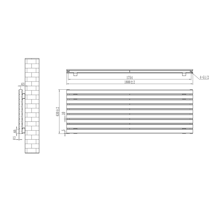 Riace White Flat Designer Radiator 630x1800mm Double Panel 6256 BTU