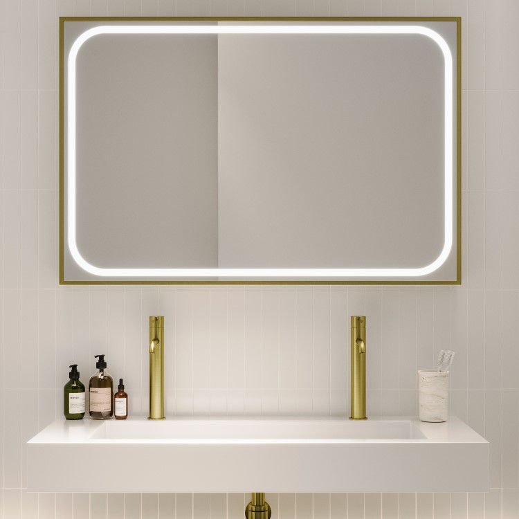 Rectangular Brass Heated Bathroom Mirror with Lights 1200 x 800mm - Rhea