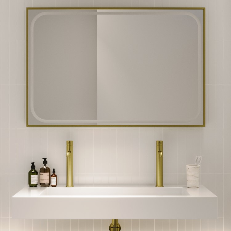 Rectangular Brass Heated Bathroom Mirror with Lights 1200 x 800mm - Rhea