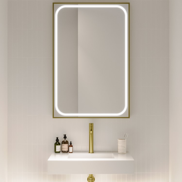 Rectangular Brass Heated Bathroom Mirror with Lights 1200 x 800mm - Rhea