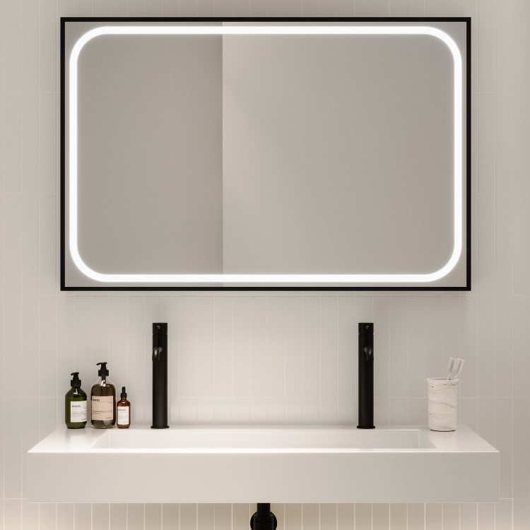 Rectangular Black Heated Bathroom Mirror with Lights 1200 x 800mm - Rhea