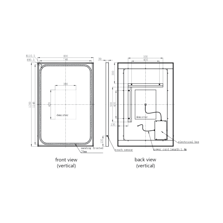 Rectangular Black Heated Bathroom Mirror with Lights 1200 x 800mm - Rhea