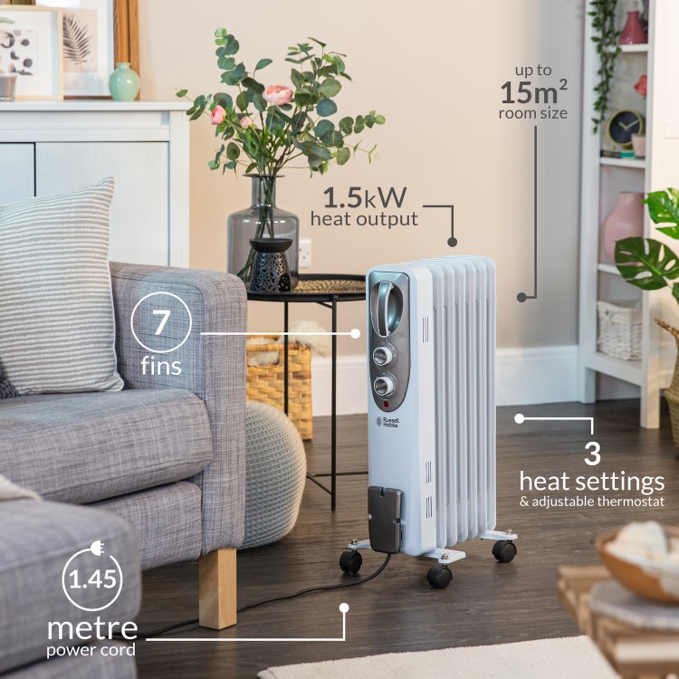 Russell Hobbs 1.5KW 7 fin  Oil Filled Radiator with 3  Heat Setting and Thermostatic Controls