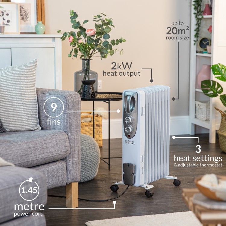 Russell Hobbs 2KW 9 fin  Oil Filled Radiator with 3  Heat Setting and Thermostatic Controls