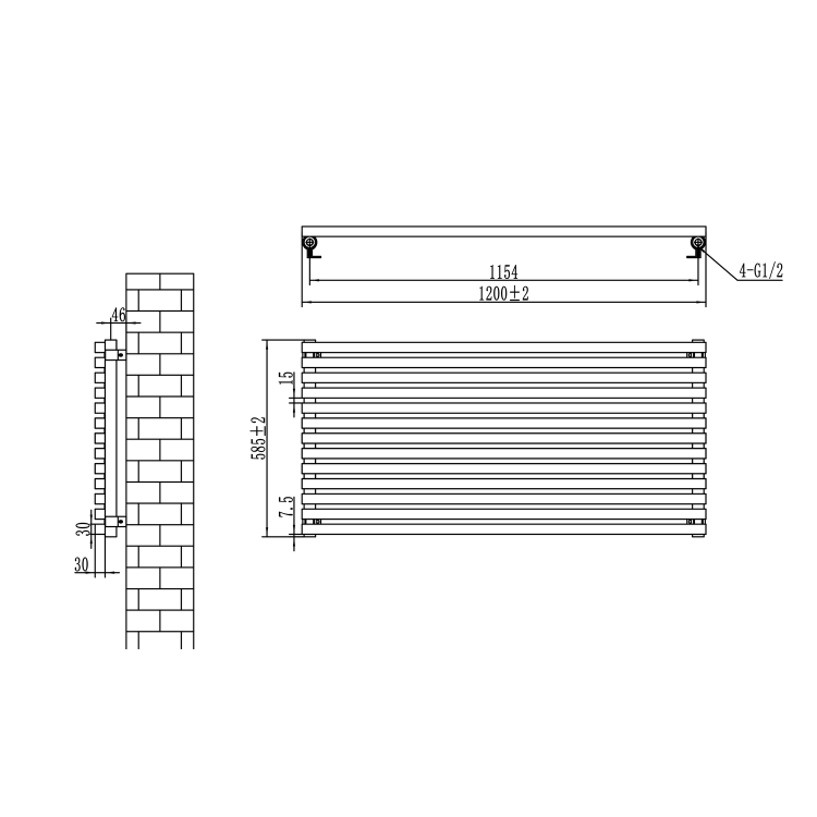 Ravello White Square Designer Radiator 585x1200mm Single Panel 3287 BTU