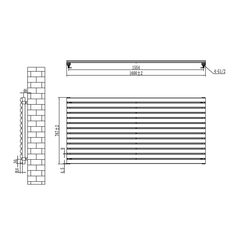 Sorrento Midnight Black Oval Designer Radiator 767x1600mm Single Panel 4915 BTU