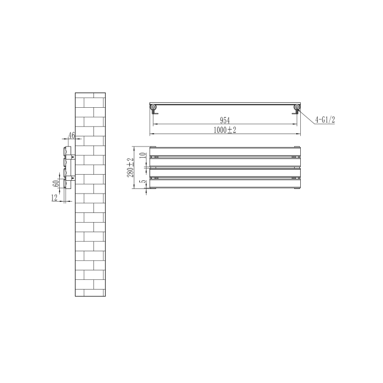 Riace Dark Grey Anthracite Flat Designer Radiator 280x1000mm Single Panel 1082 BTU