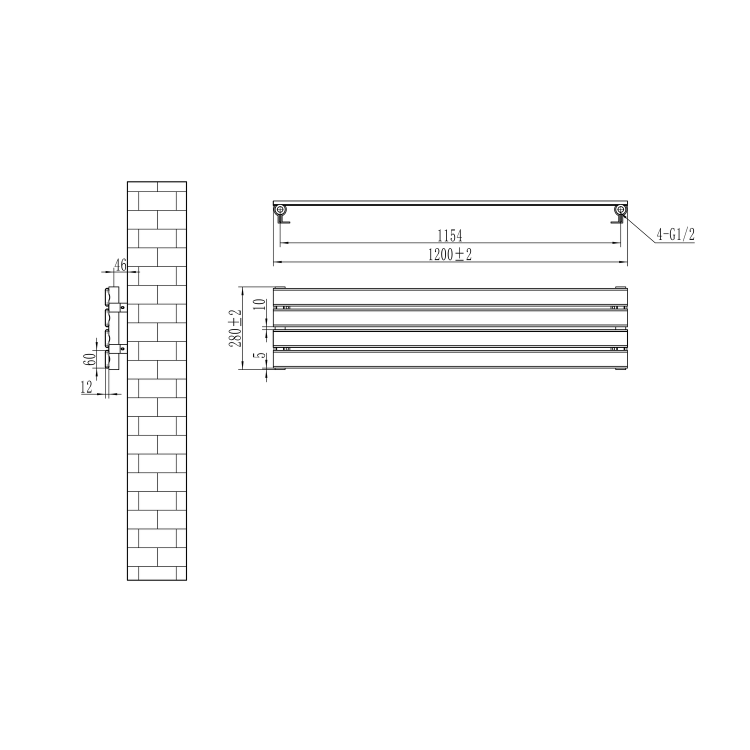 Riace Midnight Black Flat Designer Radiator 280x1200mm Single Panel 1280 BTU