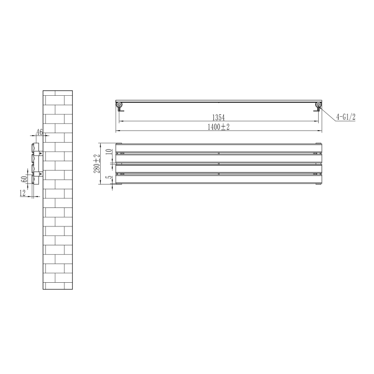 Riace Midnight Black Flat Designer Radiator 280x1400mm Single Panel 1481 BTU