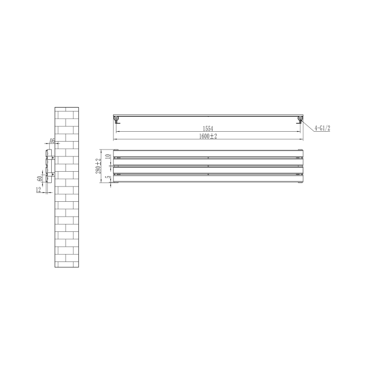 Riace Midnight Black Flat Designer Radiator 280x1600mm Single Panel 1686 BTU