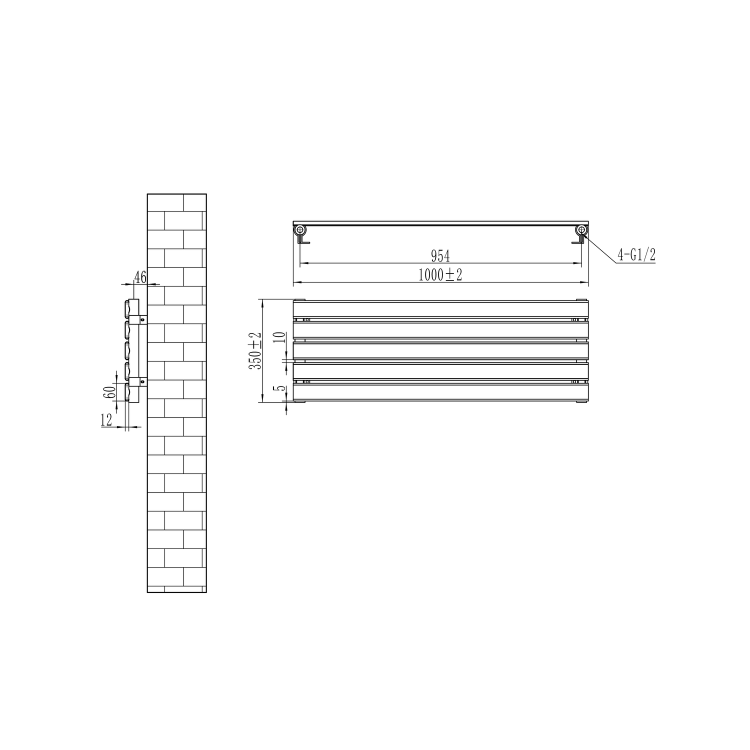 Riace Midnight Black Flat Designer Radiator 350x1000mm Single Panel 1352 BTU