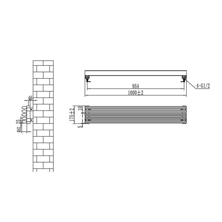 Ventura Midnight Black Oval Unique Designer Radiator 175x1000mm Single Panel 945 BTU