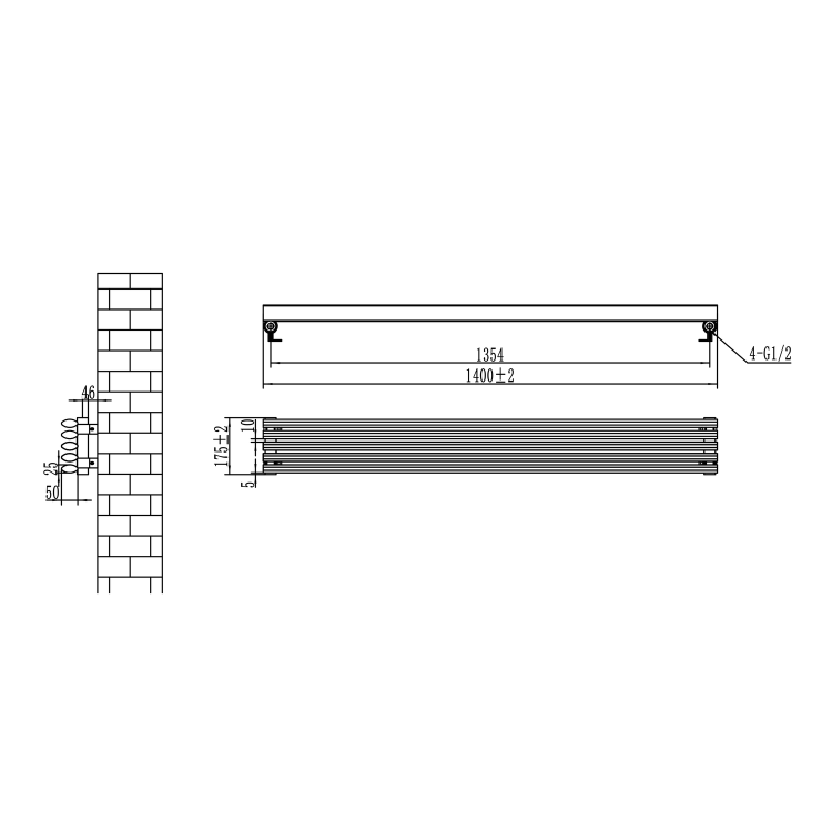 Ventura Midnight Black Oval Unique Designer Radiator 175x1200mm Single Panel 1147 BTU