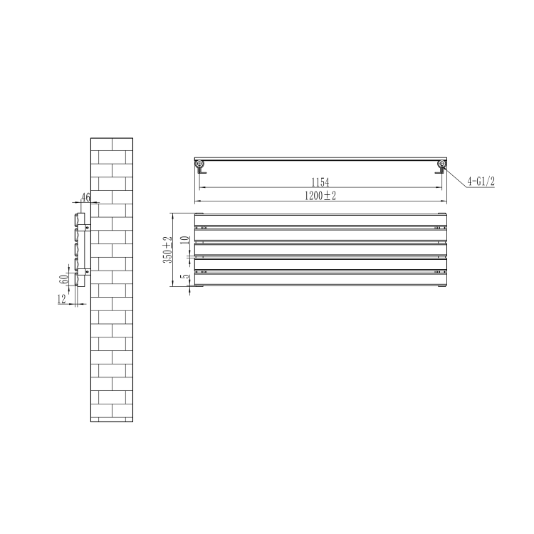 Riace White Flat Designer Radiator 350x1200mm Single Panel 1601 BTU