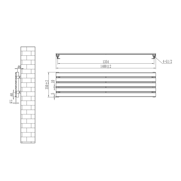 Riace Dark Grey Anthracite Flat Designer Radiator 350x1400mm Single Panel 1850 BTU