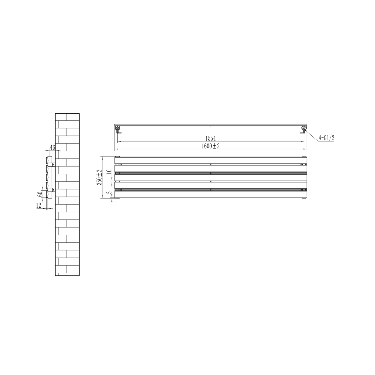 Riace Dark Grey Anthracite Flat Designer Radiator 350x1600mm Single Panel 2109 BTU