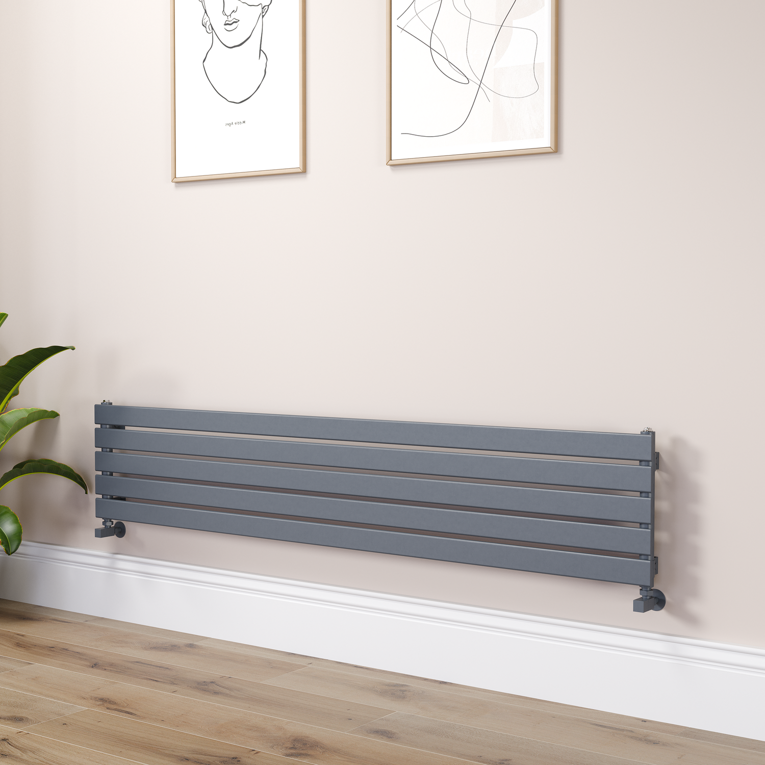 Riace Linea Dark Grey Anthracite Flat Designer Radiator 350X1800mm Single Panel 2372 Btu Horizontal Bars RHS5-1800-DGCF