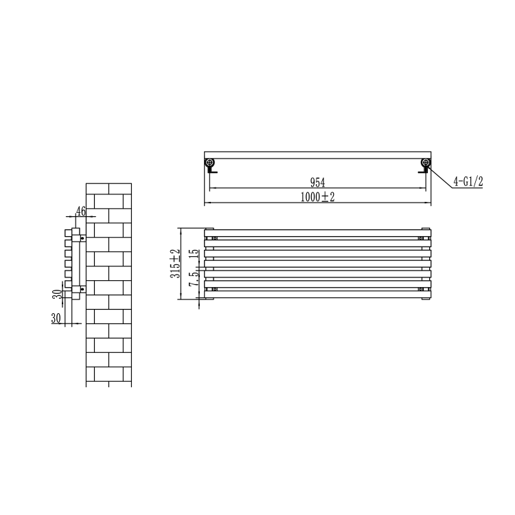 Ravello Dark Grey Anthracite Square Designer Radiator 315x1000mm Single Panel 1502 BTU