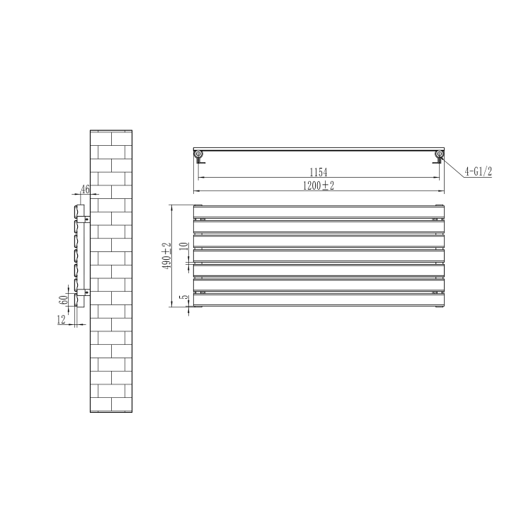 Riace Midnight Black Flat Designer Radiator 490x1200mm Single Panel 2239 BTU
