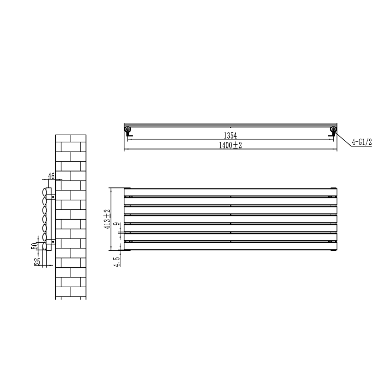 Sorrento Midnight Black Oval Designer Radiator 413x1400mm Single Panel 2321 BTU