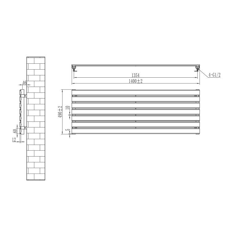 Riace Dark Grey Anthracite Flat Designer Radiator 490x1400mm Single Panel 2590 BTU