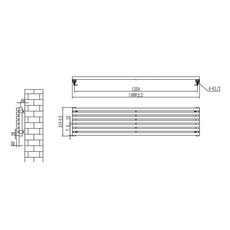 Ravello White Square Designer Radiator 315x1400mm Single Panel 2034 BTU