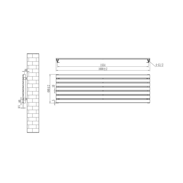 Riace Midnight Black Flat Designer Radiator 490x1600mm Single Panel 2952 BTU