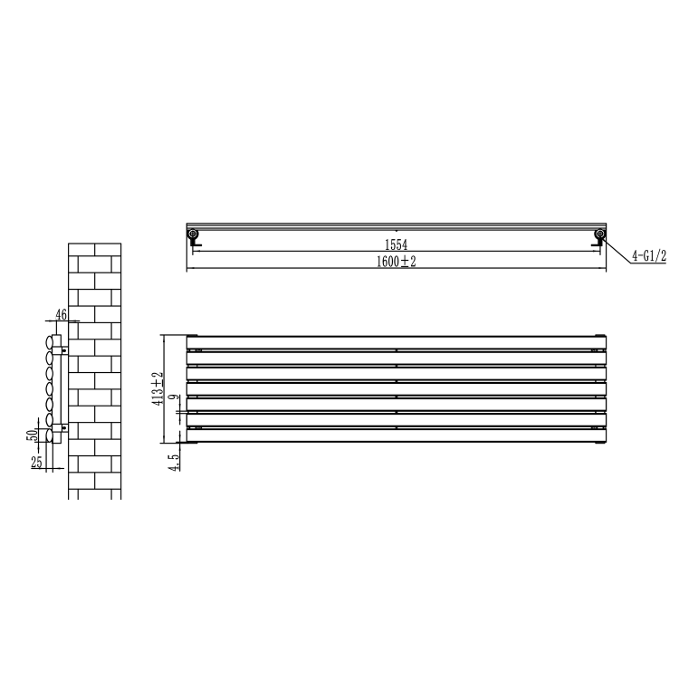 Sorrento Midnight Black Oval Designer Radiator 413x1600mm Single Panel 2645 BTU