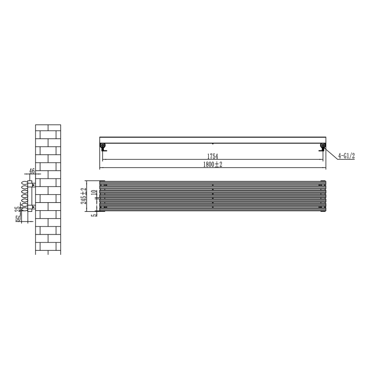 Ventura Midnight Black Oval Unique Designer Radiator 245x1800mm Single Panel 2478 BTU