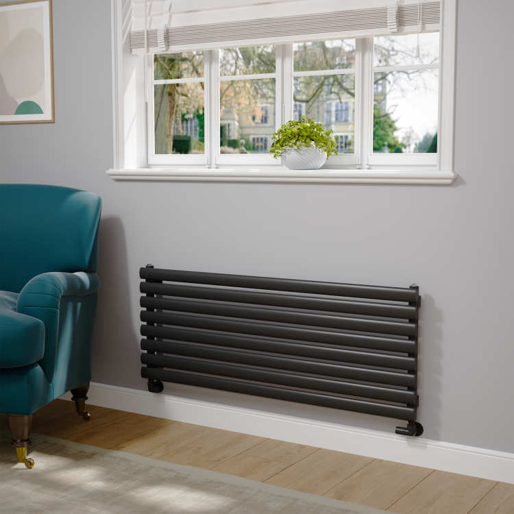 Sorrento Midnight Black Oval Designer Radiator 472x1200mm Single Panel 2294 BTU