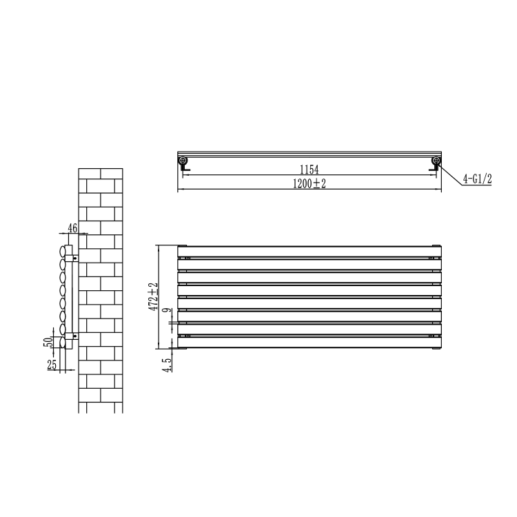 Sorrento Dark Grey Anthracite Oval Designer Radiator 472x1200mm Single Panel 2294 BTU