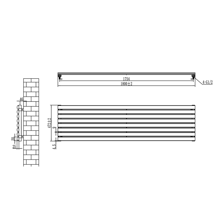 Sorrento Midnight Black Oval Designer Radiator 472x1800mm Single Panel 3403 BTU