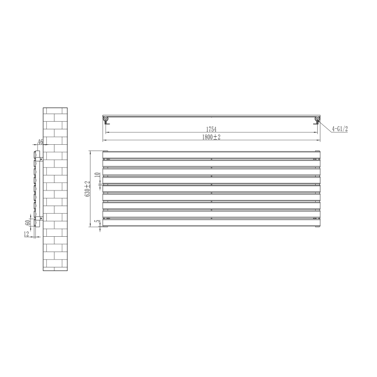 Riace Midnight Black Flat Designer Radiator 630x1800mm Single Panel 4266 BTU