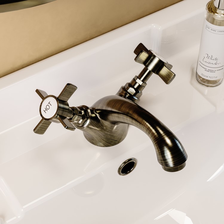 Antique Brass Crosshead Mono Basin Mixer Tap - Ripley