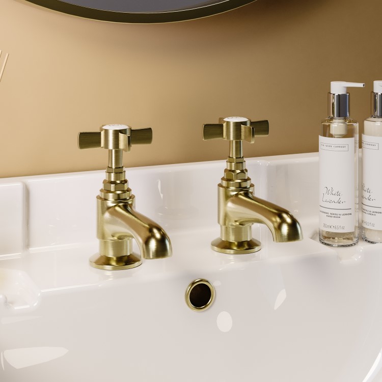 Brushed Brass Crosshead Basin Pillar Taps - Ripley
