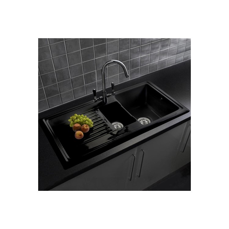 GRADE A2 - Reginox 1.5 Bowl Inset Black Ceramic Kitchen Sink with Reversible Drainer