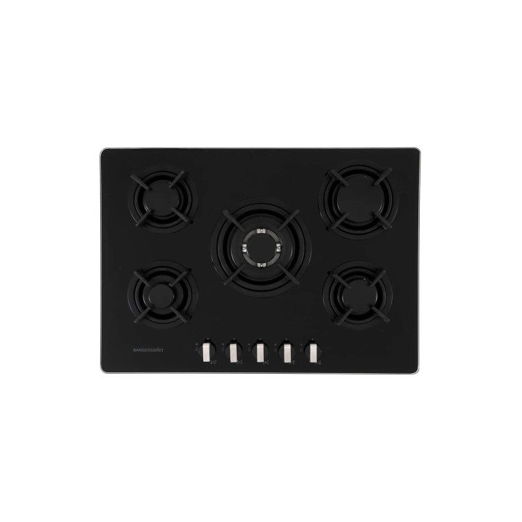 Rangemaster 70cm 5 Burner Black Glass Gas Hob with Wok Burner
