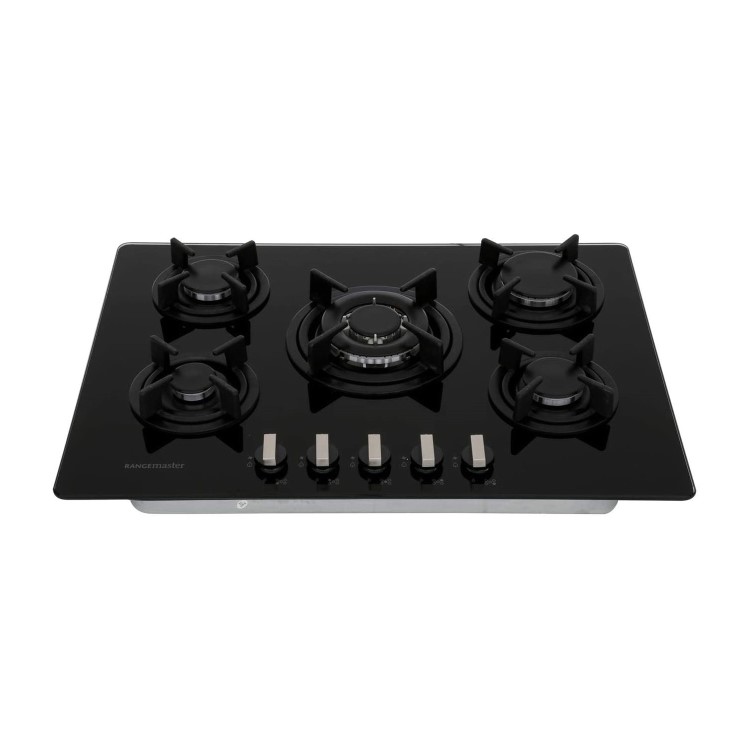 Rangemaster 70cm 5 Burner Black Glass Gas Hob with Wok Burner