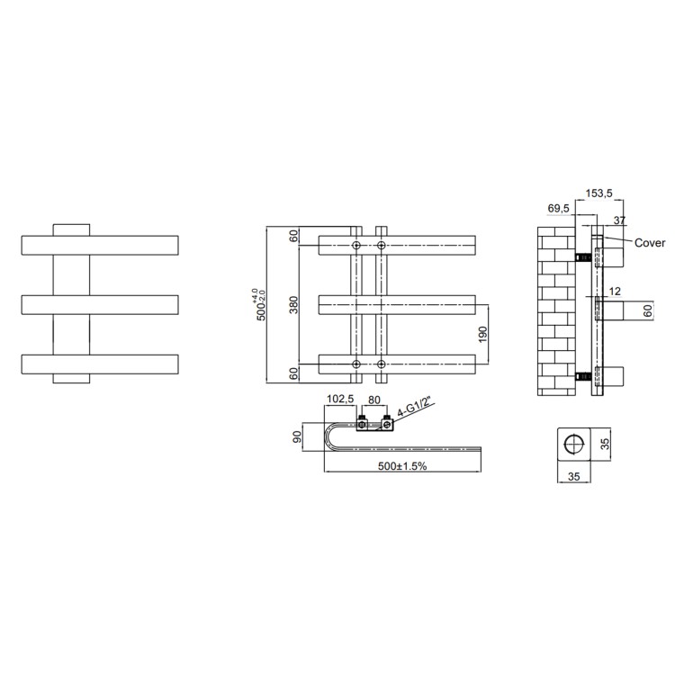 Reina Panaro Brass Designer Towel Radiator - 500 x 500mm