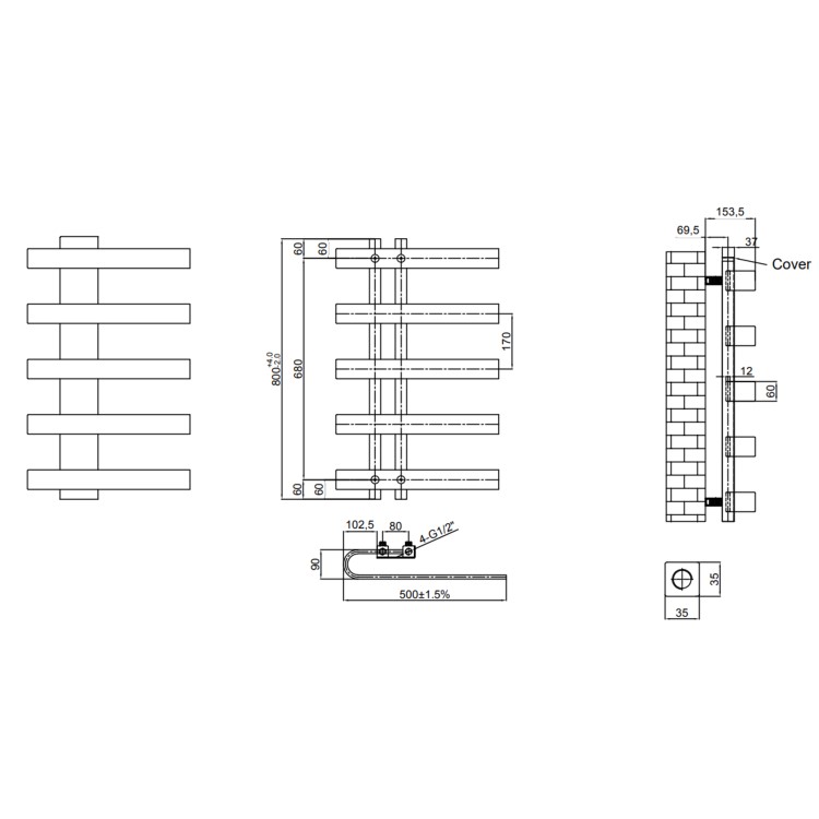 Reina Panaro Brass Designer Towel Radiator - 800 x 500mm