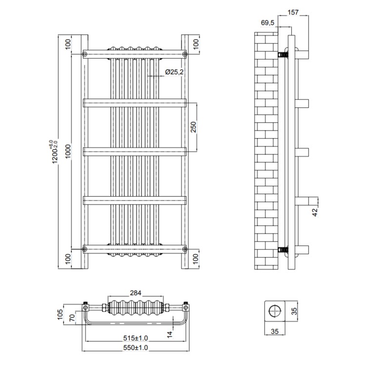 Reina Regina Black Designer Column Radiator with Towel Rail 1200x 550mm