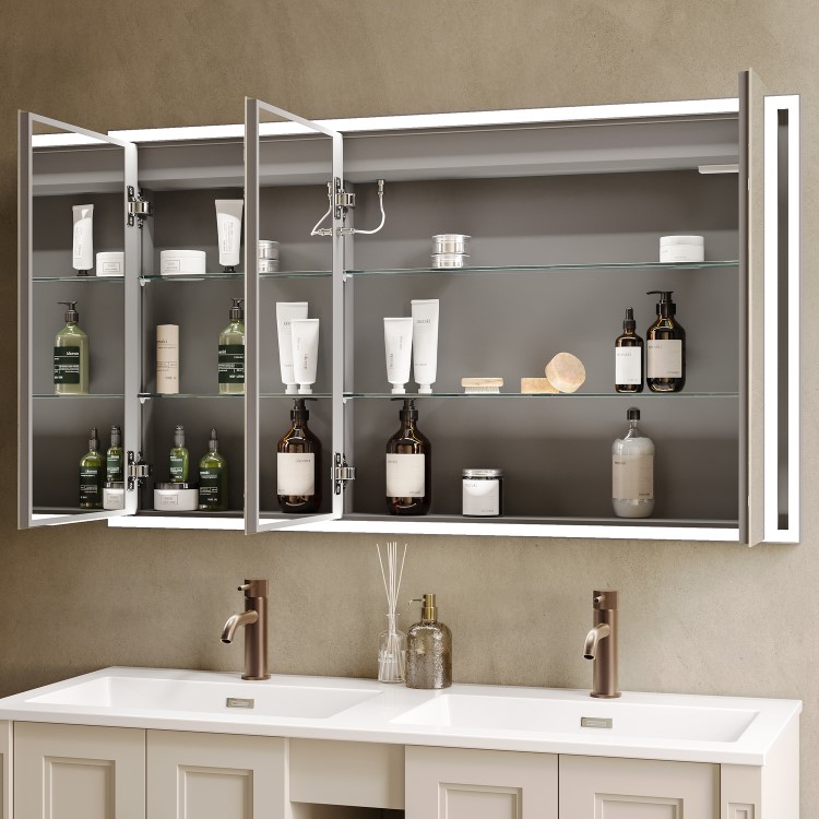 Triple Door Recessed Bathroom Mirror Cabinet with Lights Demister & Socket 1200 x 700mm - Rona