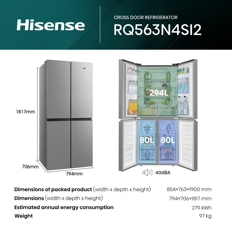 Hisense 409 Litre Four Door American Fridge Freezer - Stainless Steel